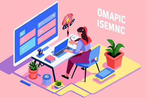 Diseño gráfico concepto isométrico con mujer trabajando en la computadora