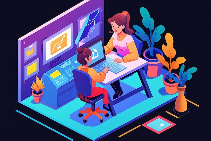 Foto diseño gráfico concepto isométrico con mujer trabajando en la computadora