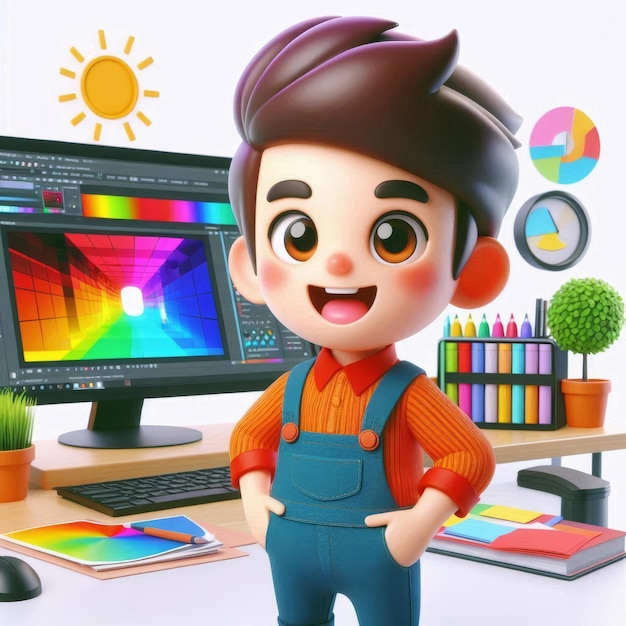 un diseño gráfico está de pie frente a una pantalla de computadora