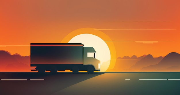 Diseño gráfico limpio y minimalista de un camión conduciendo por una carretera con un amanecer de fondo