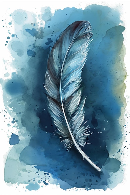 Diseño gráfico de una pluma con acuarela salpicaduras de fondo en tonos azules