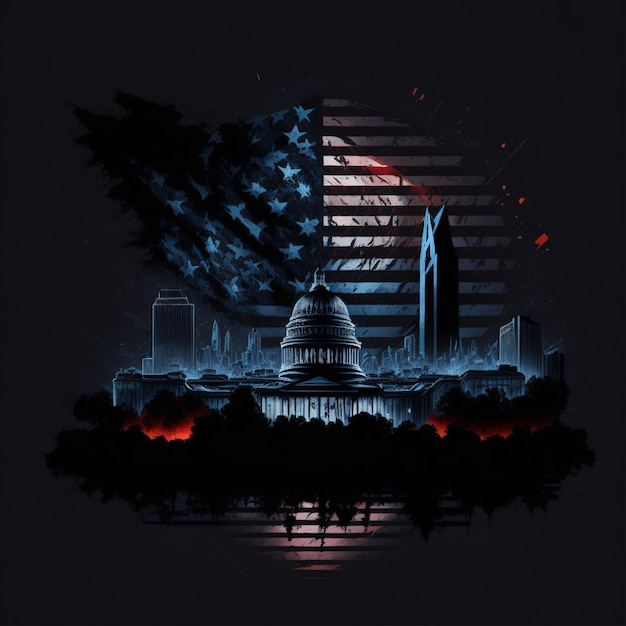 Diseño gráfico de Washington DC con colores de la bandera de Estados Unidos y fondo negro oscuro