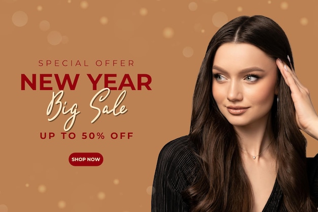 Diseño para grandes descuentos para el año nuevo con una chica hermosa