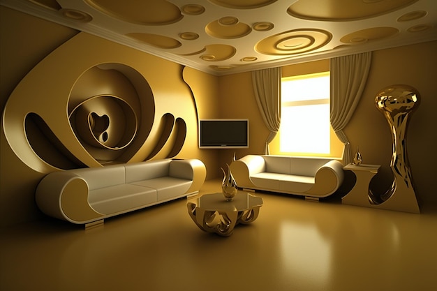 Diseño de habitación dorado.