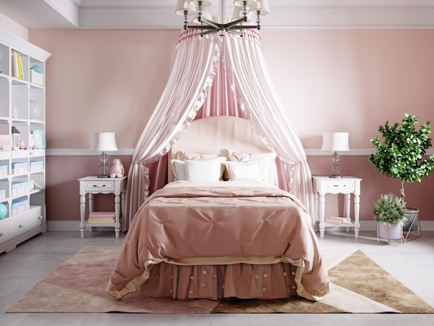 Diseño de una habitación infantil para niña en tonos rosas de estilo clásico con una preciosa cama con dosel