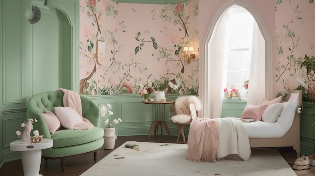 Diseño de habitación inspirado en la naturaleza en colores pastel ai generativo