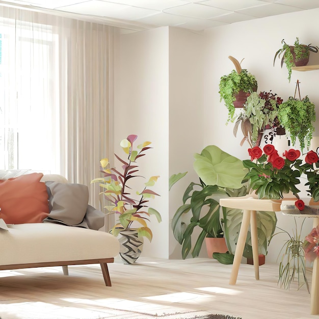 diseño de una habitación moderna y luminosa con muchas plantas de interior ilustración generada por Ai