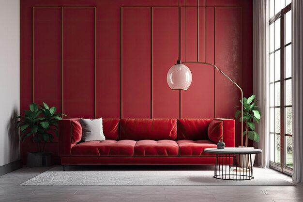 Diseño de habitación moderna Muebles de sofá rojo y decoración minimalista.