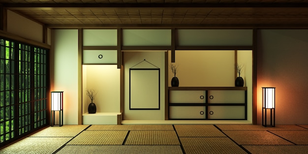 Diseño de habitaciones de estilo japonés. Representación 3D