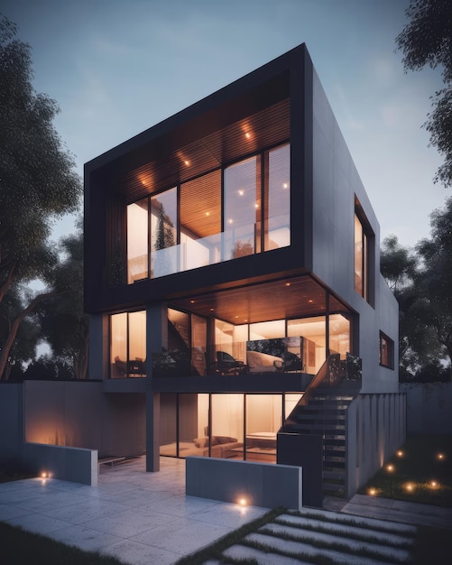 Diseño de hogar moderno con fondo de jardín y cielo