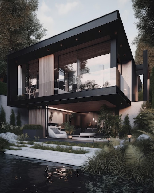Diseño de hogar moderno con fondo de jardín y cielo