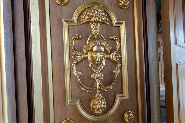 Un diseño de hojas de oro en una puerta de madera