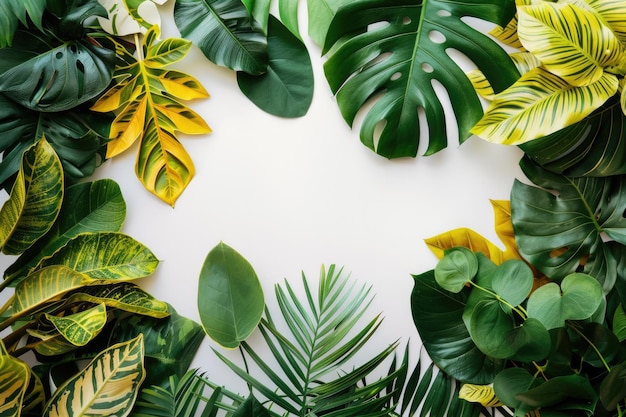 Diseño de hojas tropicales coloridas sobre fondo blanco para el concepto de verano