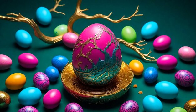 Foto diseño de huevos de pascua coloridos y felices clip de huevo de pascua en pastel