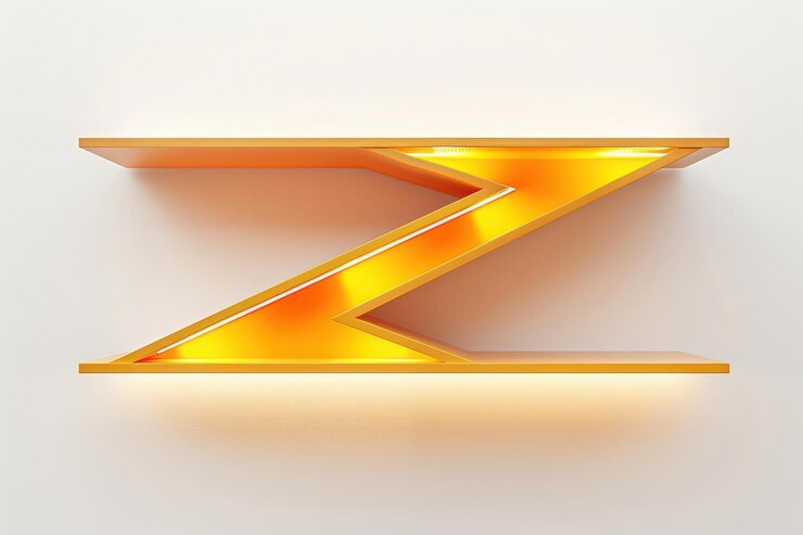 Foto diseño iluminado de la letra naranja z que muestra la estética moderna contra un fondo blanco limpio