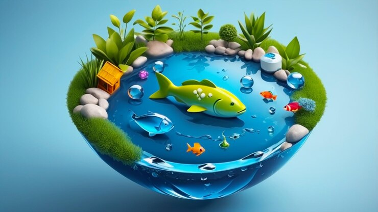 Diseño de ilustración 3D con el concepto de que la contaminación del agua tendrá un impacto en los animales acuáticos