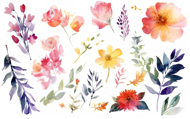 Diseño de ilustración de acuarela de hermosas flores sobre fondo blanco