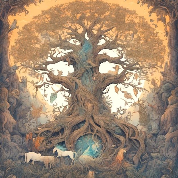 Un diseño Una ilustración de un árbol encantado rodeado de criaturas místicas para un escenario de fantasía.