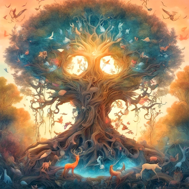 Un diseño Una ilustración de un árbol encantado rodeado de criaturas místicas para un escenario de fantasía.