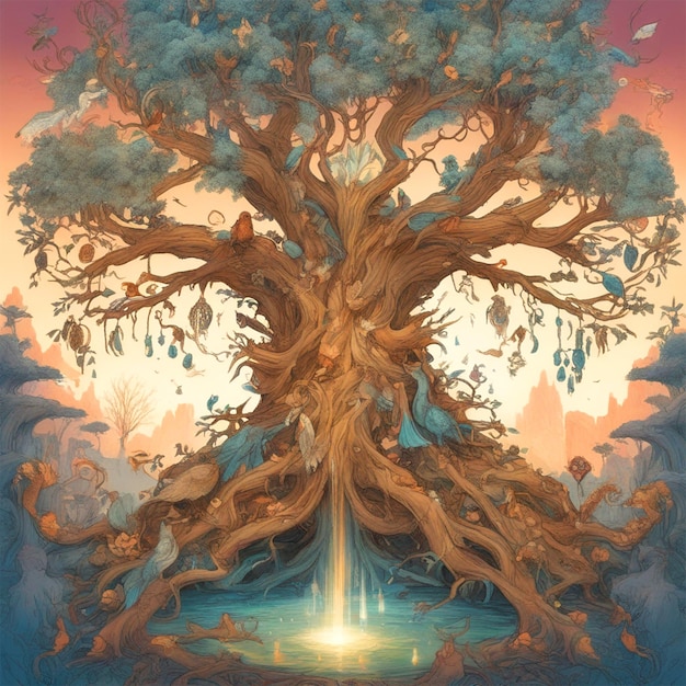 Un diseño Una ilustración de un árbol encantado rodeado de criaturas místicas para un escenario de fantasía.