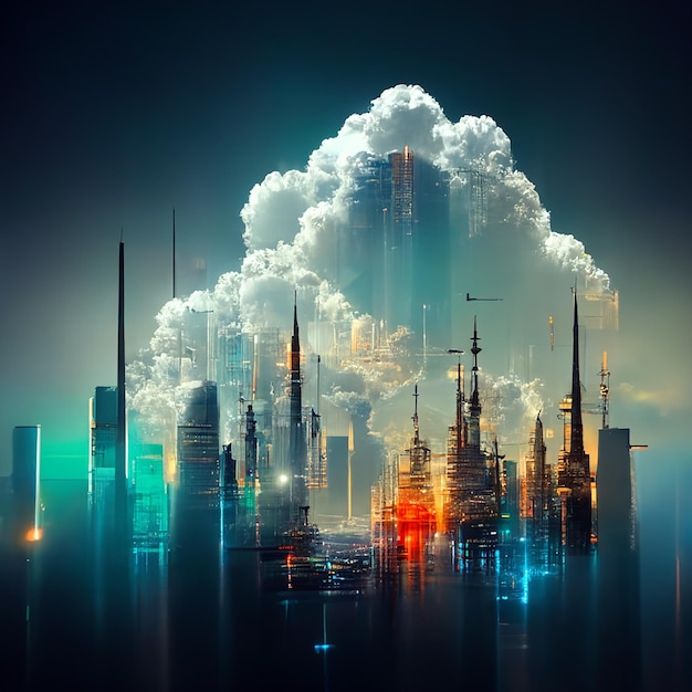 Diseño de ilustración de arquitectura de torre abstracta de ciudad de cielo futurista diseño de conexión a internet de transferencia de datos de línea