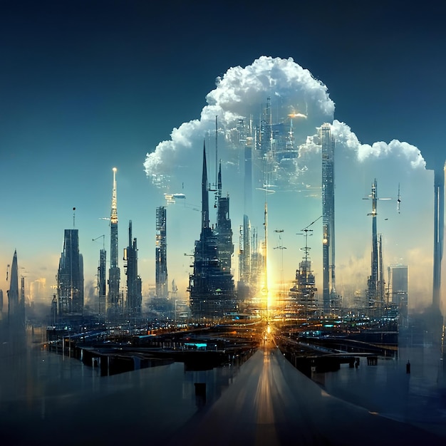 Diseño de ilustración de arquitectura de torre abstracta de ciudad de cielo futurista diseño de conexión a internet de transferencia de datos de línea