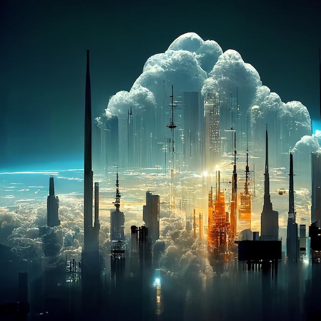 Diseño de ilustración de arquitectura de torre abstracta de ciudad de cielo futurista diseño de conexión a internet de transferencia de datos de línea