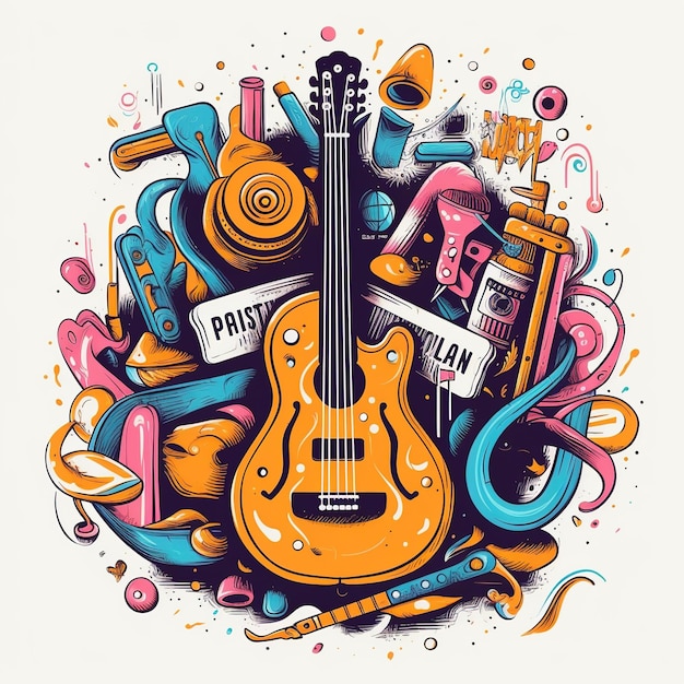 Diseño de ilustración de festival de música plana de guitarra para fiesta y evento Ai generado