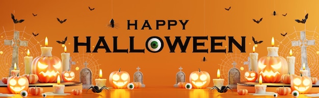 Diseño de ilustración de renderizado 3d para banner de halloween con calabaza crucifijo calavera vela caramelo caja de regalo tumba en el fondo
