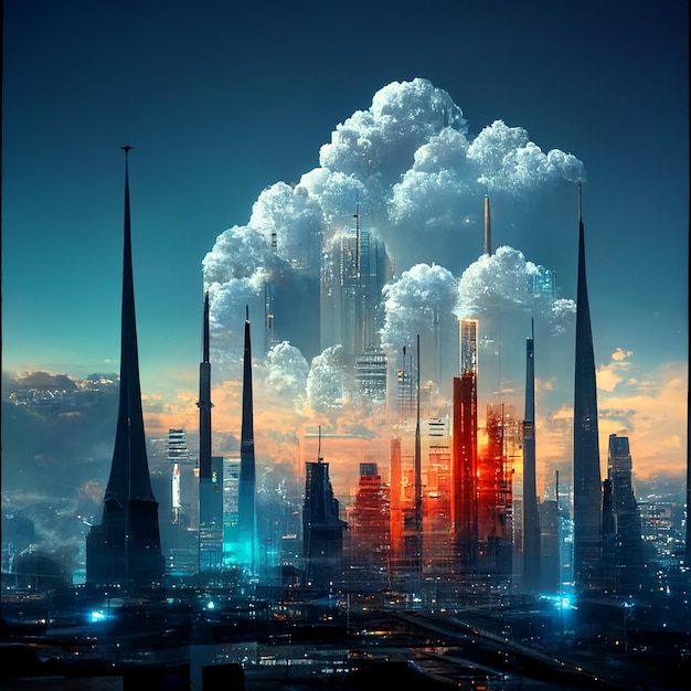 Diseño de ilustración de torre abstracta de ciudad futurista del cielo