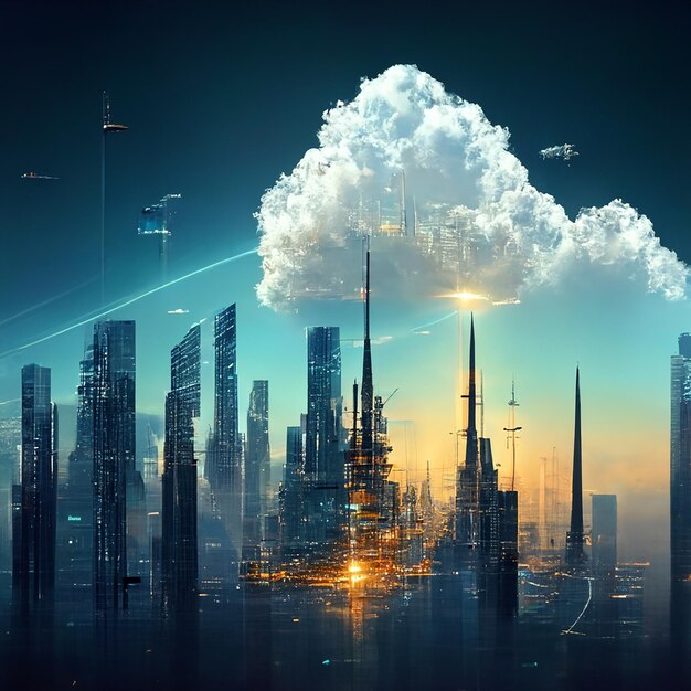 Diseño de ilustración de torre abstracta de ciudad futurista del cielo