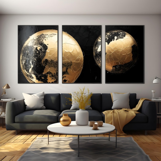Diseño de ilustraciones 3D de interiores para el hogar, sala de estar, lienzo, negro y dorado.