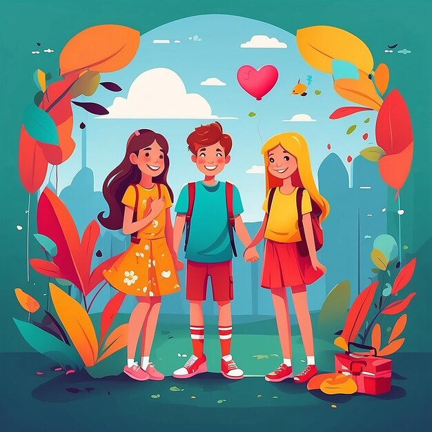 Foto diseño de ilustraciones de amistad entre chicas y chicos