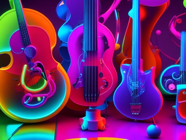 Diseño de ilustraciones de guitarra eléctrica con luz de neón abstracta arte digital