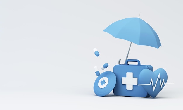 Diseño de imágenes de fondo de representación 3D para conceptos utilizados en anuncios médicos y de salud de seguros en tonos azules que consisten en una caja médica y un paraguas
