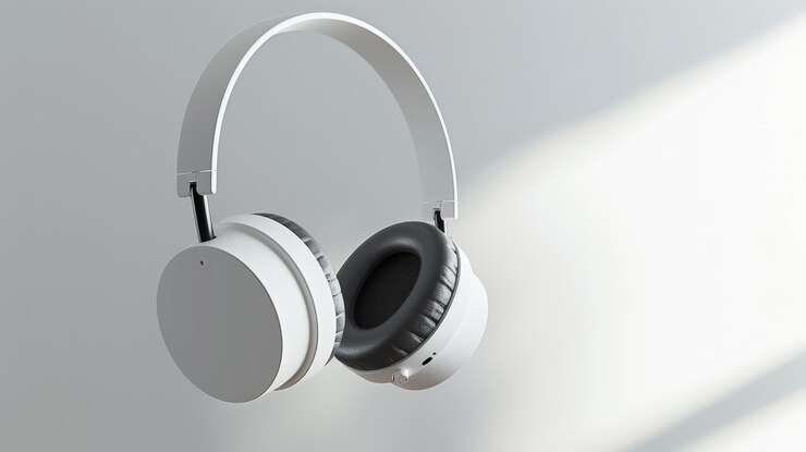 Diseño industrial futurista auriculares inalámbricos en gris con correa de cuero negro fotografía detallada del producto de estudio en estilo minimalista