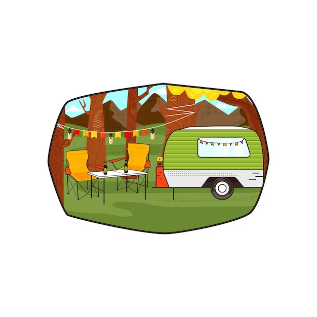 Diseño de insignia de aventura de acampada con tienda de montaña y paisaje Gráficos de logotipo de viaje Etiqueta retro de stock aislada sobre fondo blanco