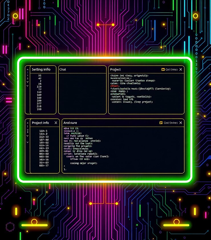 Foto diseño de la interfaz de juego de cyber layout para un streamer de codificación con colores de neón