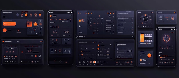 Diseño de interfaz de usuario con temas oscuros que muestra varias interfaces y controles de aplicaciones