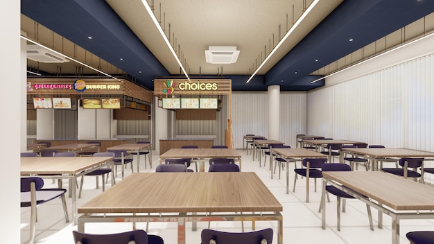 Diseño interior 3d que representa la visualización de un patio de comidas