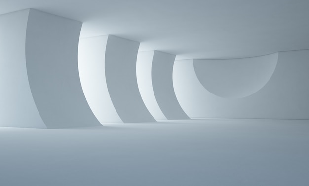 Diseño interior abstracto de sala de exposición blanca moderna con piso vacío y muro de hormigón