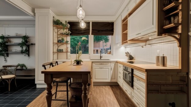 El diseño interior de una acogedora cocina con mesa de comedor en un apartamento pequeño AI generativa AIG27