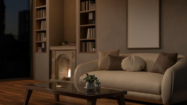 El diseño interior de una acogedora sala de estar contemporánea en el interior de la casa de noche