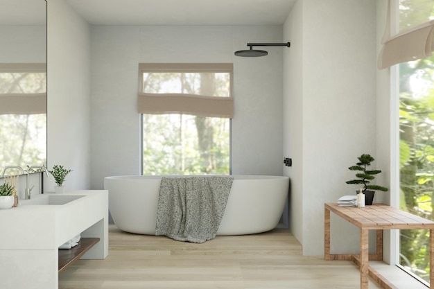 Diseño interior de un baño blanco de lujo con una moderna bañera de lujo con tocador blanco