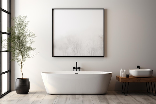 Diseño interior de baño estético moderno con marco para póster creado con IA generativa