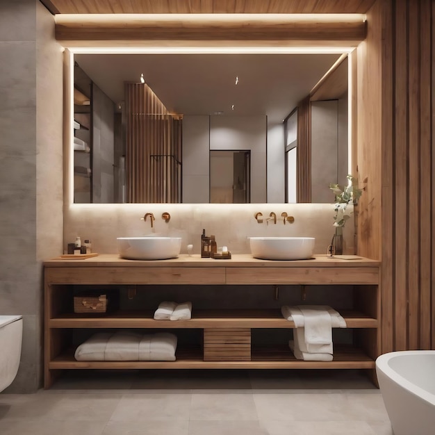 Diseño interior de baño Japandi con muebles de madera