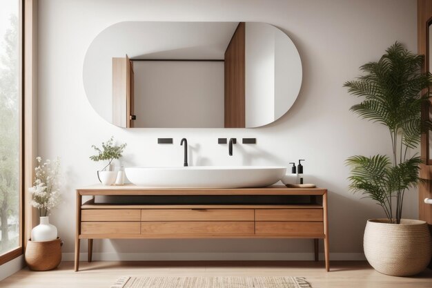 Foto diseño interior del baño con lavabo de madera y fregadero