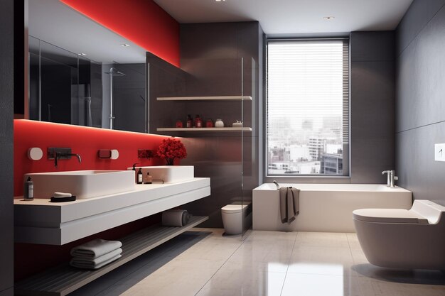 Foto diseño interior de baño minimalista y elegante color rojo