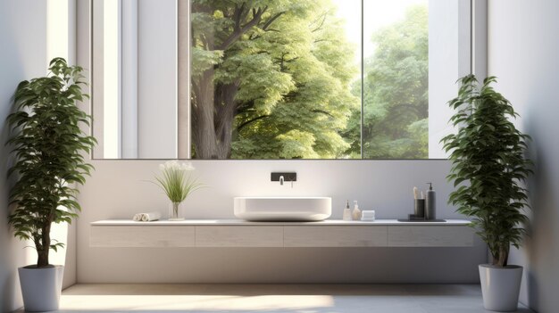 Diseño interior de baño moderno, baño blanco minimalista al aire libre con plantas.
