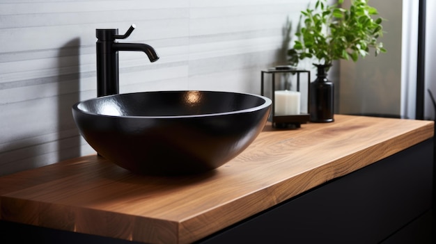 Diseño interior de baño moderno con fregadero y grifo de recipiente negro elegante en la encimera de madera